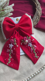 Jiya Re Red Hand Embroidered Floral Bow Hair Clip