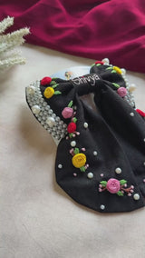 Gulnaar Black Bow – Hand Embroidered Personalized Floral Pearl Hair Bow