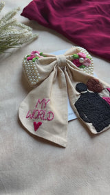 My World Hand Embroidered Couple Bow Hair Clip – Beige