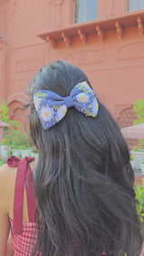Aarya Denim Hand Embroidered Daisy Bow Hair Clip