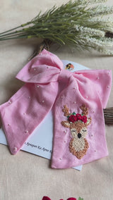 Pink Reindeer Hand Embroidered Bow Hair Accessory