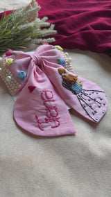 Aaina Pink Personalized Hand Embroidered Bow Hair Clip