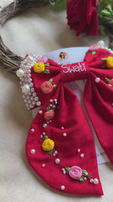 Gulnaar Red Personalized Hand Embroidered Floral Bow
