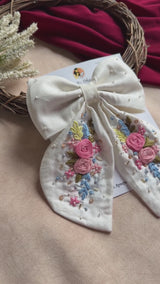 Gazel White Hand Embroidered Bow Hair Clip with Floral Detailing