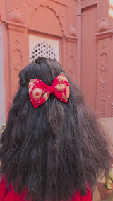 Aarya Red Hand Embroidered Daisy Bow Hair Clip