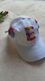 Initial White Summer Cap – Hand Embroidered Personalized Floral Cap