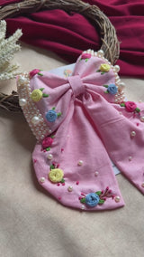 Godavari Pink Hand Embroidered Bow Hair Clip with Pearl Detailing