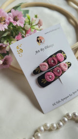 Niya Black Hand Embroidered Floral Tic-Tac Hair Clips