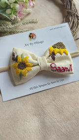 Little Sunflower Hand Embroidered Toddler Bow Hair Tie – Cream Floral Rubber Band
