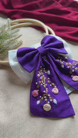Aaradhya Hand Embroidered Floral Bow Hair Clip – Purple