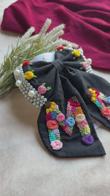 Couple Initial Black Hand Embroidered Personalized Bow Hair Clip