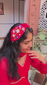 Red Flora Hand Embroidered Wide Headband