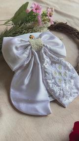 Madhubala White Hand Embroidered Pearl Bow Hair Accessory