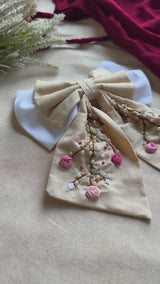 Aaradhya Beige Hand Embroidered Bow Hairband