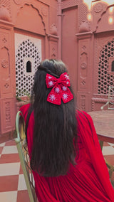 Frozen Red Hand Embroidered Snowflake Bow Hair Clip