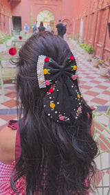 Godavari Black Hand Embroidered Floral Bow Hair Clip