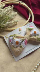 Aarya Beige Hand Embroidered Daisy Bow Hair Clip