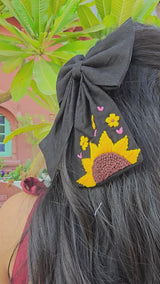 Be My Sunflower Black Hand Embroidered Bow Hair Clip