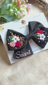 Little Night Garden Hand Embroidered Toddler Bow Hair Tie – Black Floral Rubber Band