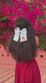 Mushroom Sky Blue Hand Embroidered Bow Hair Clip