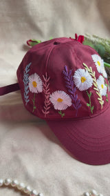 Crimson Daisy Hand Embroidered Cap