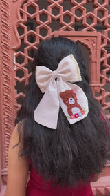 Cuddle White Hand Embroidered Teddy Bow Hair Clip