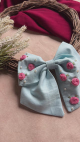 Baby Bloom Sky Blue Hand Embroidered Bow Hair Clip