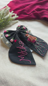 Aaina Black Bow – Hand Embroidered Personalized Pearl Hair Bow