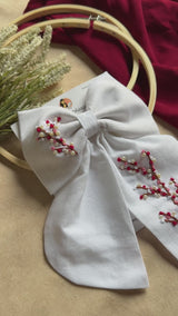 Cherry Blossom Hand Embroidered Bow Hair Clip – White