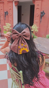 Be My Sunflower Brown Hand Embroidered Bow Hair Clip