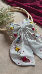 Godavari White Hand Embroidered Floral Bow Hair Clip