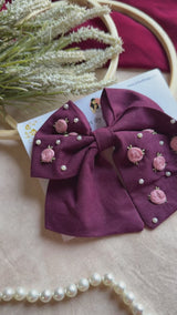 Baby Bloom Wine Hand Embroidered Floral Bow Hair Clip