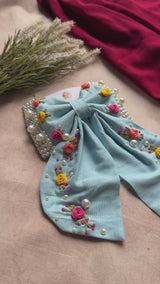 Godavari Sky Blue Hand Embroidered Floral Bow Hair Clip