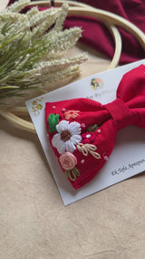 Juliet Red Hand Embroidered Floral Bow Hair Clip