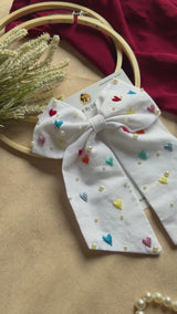 Cupid Embrace Hand Embroidered Heart Bow Hair Clip – White