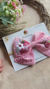 Little Pink Petals Hand Embroidered Toddler Bow Hair Tie – Blush Floral Rubber Band