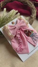 Aaina Mini Pink Bow for Kids – Hand-Embroidered Personalized Hair Accessory