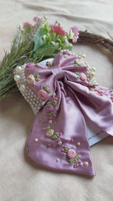 Godavri Purple Hand Embroidered Pearl Bow Hair Accessory