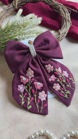 Roohi Wine Floral Hand-Embroidered Bow Hair Accessory