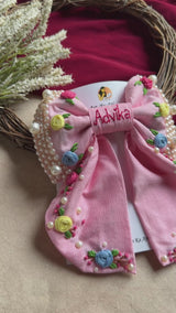 Gulnaar Hand Embroidered Personalized Floral Bow Hair Clip – Pink