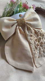 Madhubala Beige Hand Embroidered Floral Bow Hair Accessory