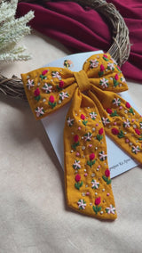 Mustey Yellow Hand Embroidered Floral Bow Hair Clip