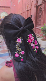 Isha Hand Embroidered Floral Bow Hair Clip – Black