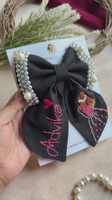 Aaina Black Mini Bow for Kids – Hand-Embroidered Personalized Hair Accessory