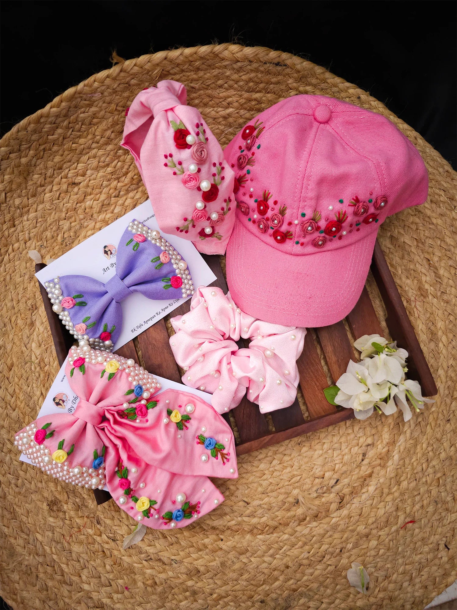 Blush Bloom Gift Hamper – Hand Embroidered Festive Hair Accessories Set
