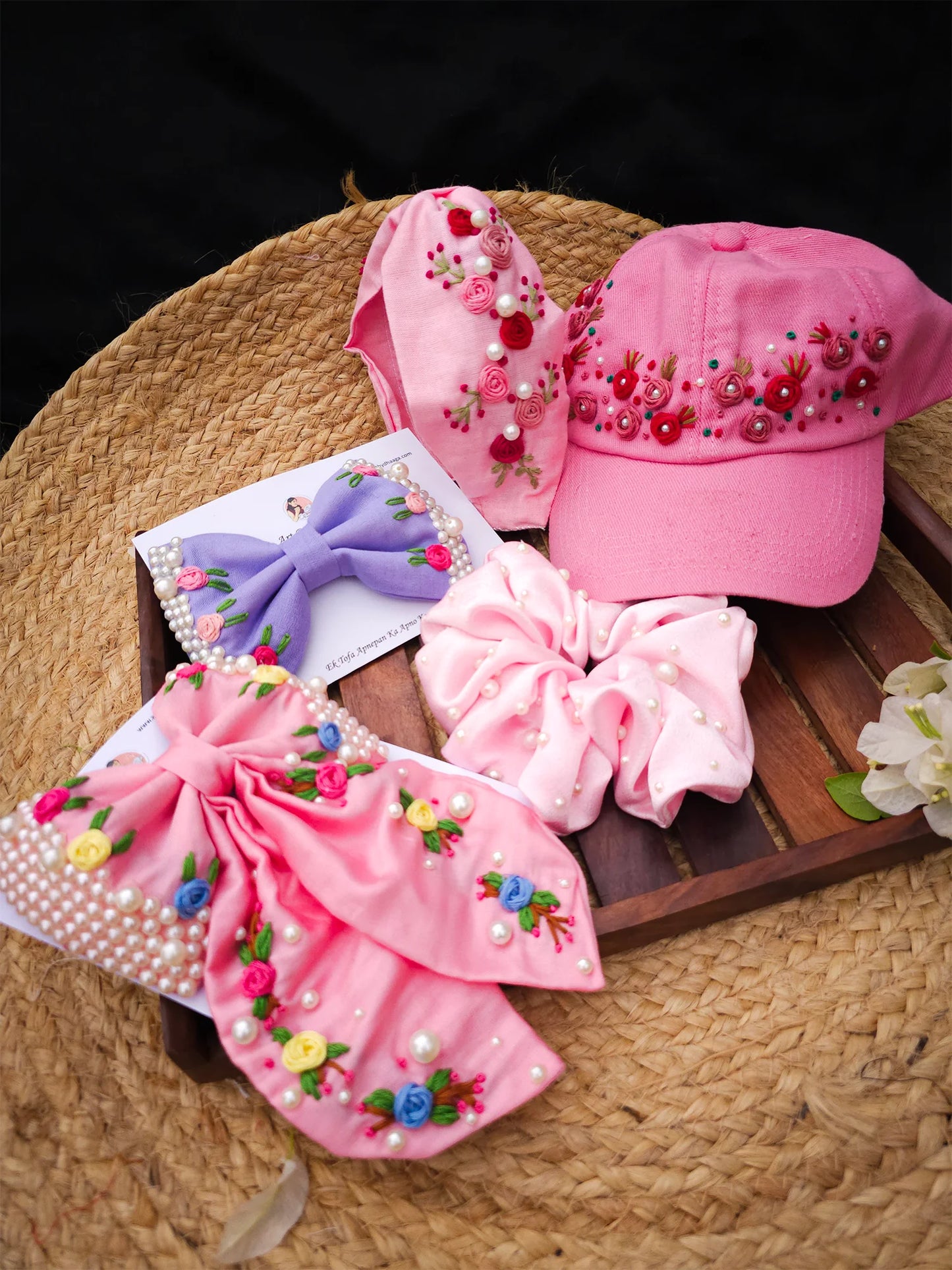Blush Bloom Gift Hamper – Hand Embroidered Festive Hair Accessories Set