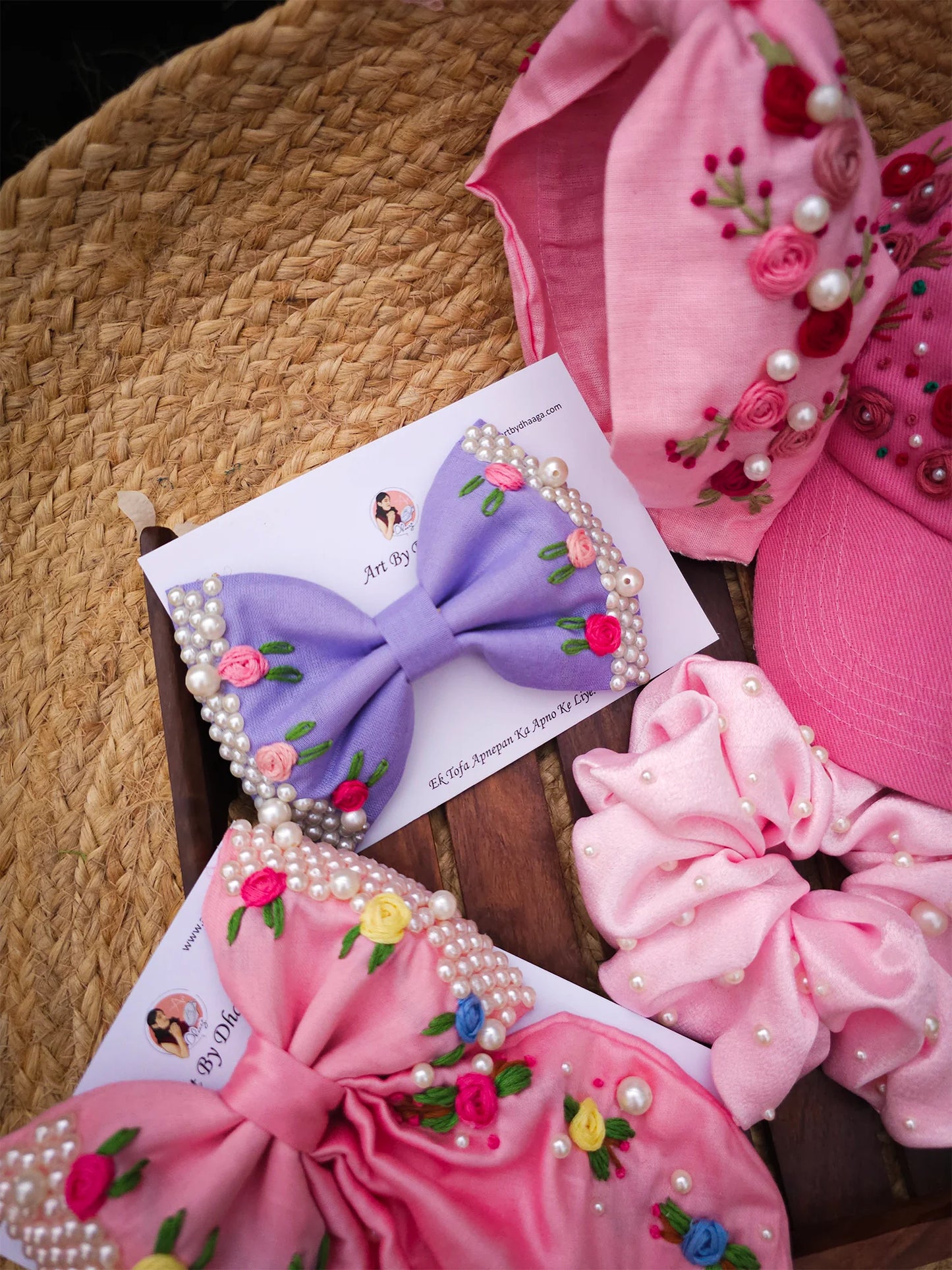 Blush Bloom Gift Hamper – Hand Embroidered Festive Hair Accessories Set