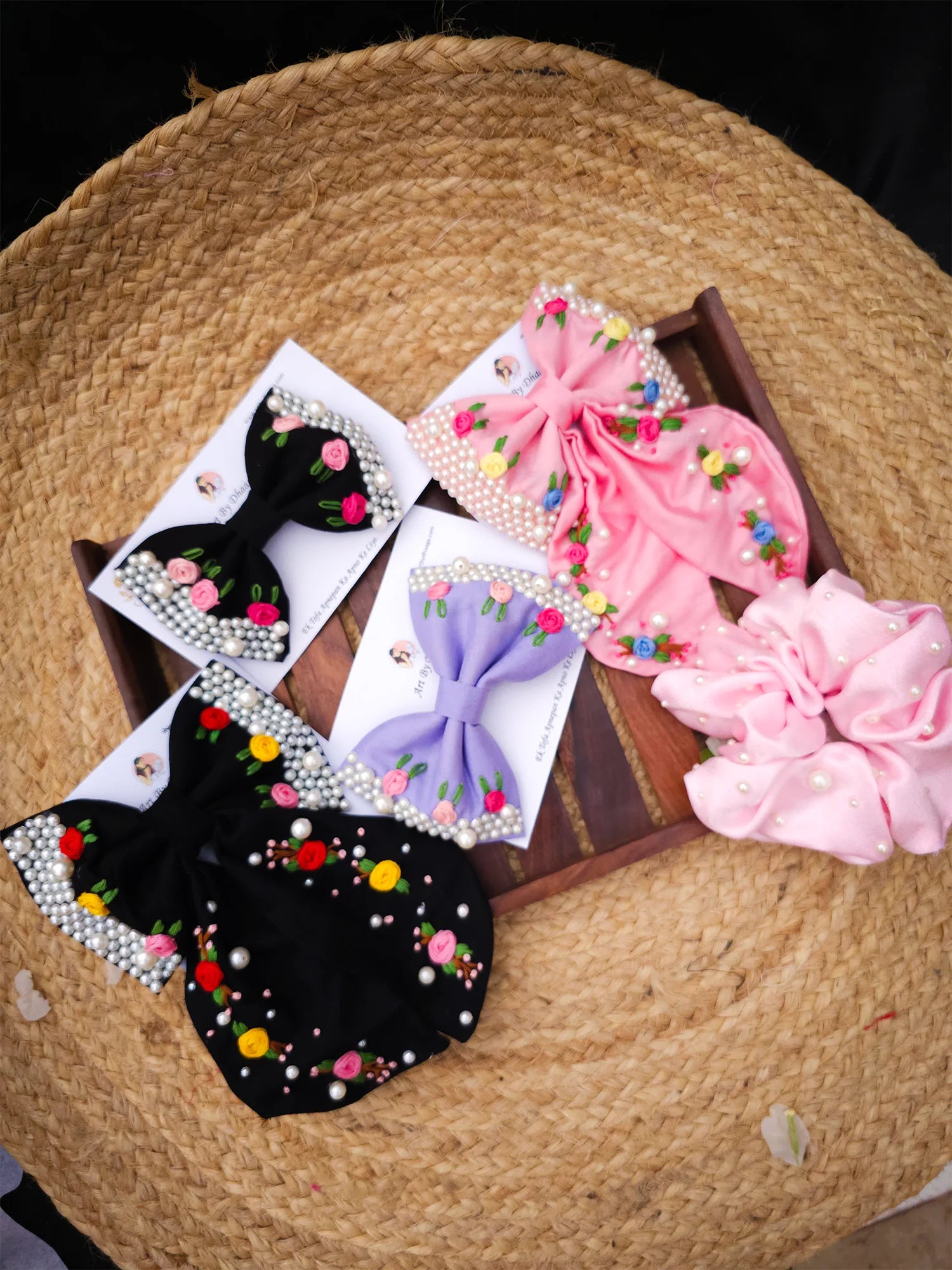 Midnight Blush Gift Hamper – Hand Embroidered Hair Accessories Set