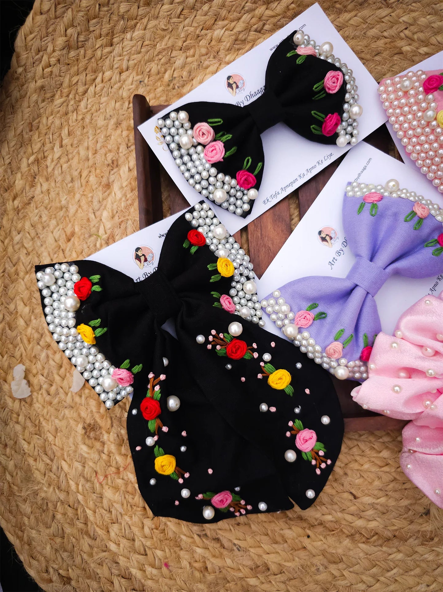 Midnight Blush Gift Hamper – Hand Embroidered Hair Accessories Set