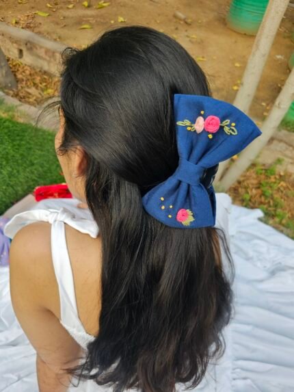 Hand Embroidered Clutucher Bows-Blue